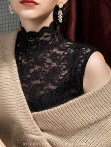 1pc Women's Semi-High Neck Fitted Lace Hollow Out Base Layer Top With Faux Collar - Multicolor - View 18
