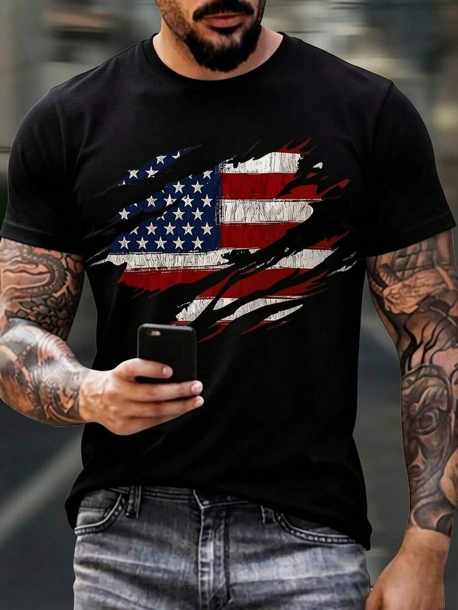 toff, locker geschnittenes Kurzarmshirt mit 3D-Flaggen-Druck, Rundhals, geeignet für Freizeit- und Sportbekleidung, geeignet für Fitnessstudio, Outdoor, Freizeitkleidung - Hemd im amerikanischen Stil für Männer - Schwarz - Übersicht 1
