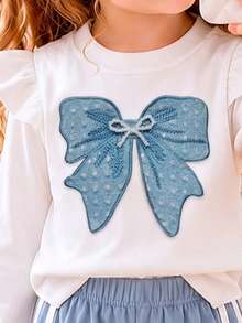 Girls' Sweet Bow Sweatshirt Set, Sequin Large Bow Crew Neck Top + Side Bow Wide Leg Pants 2pcs Set, Fresh And Cute Children's Outfit - Multicolor - View 6