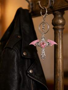 Y2K Gothic Angel Wings Cross Keychain With Rhinestone Heart, Vintage Dark Metal Bag Charm/Pendant, Suitable For Backpacks, Handbags And Car Key Accessories, Unisex Cosplay Party Accessory - Multicolor - View 2