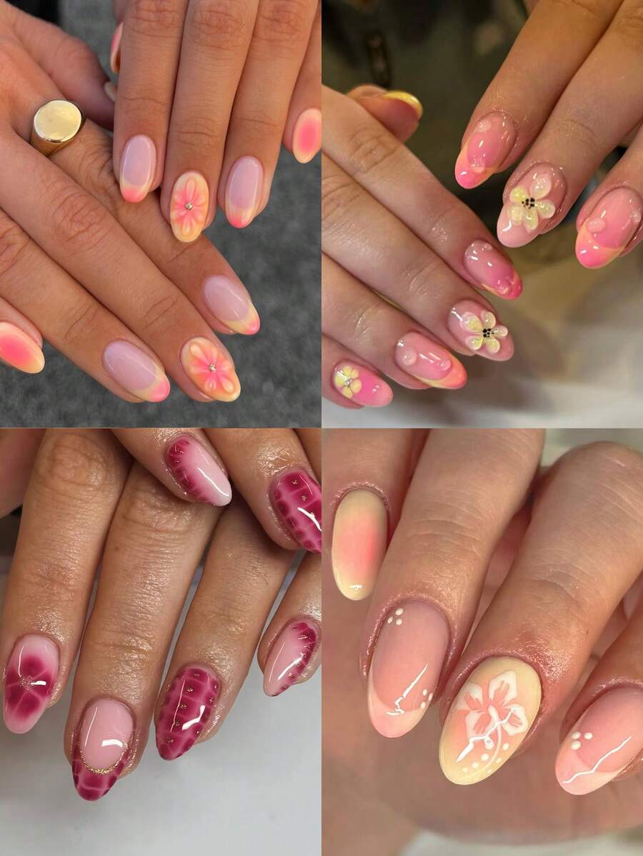 96片花卉美甲贴纸(4种混合图案),短款椭圆形3D凝胶美甲贴纸,可打造莲花美甲,法式亚克力按压式美甲贴纸,短款尺寸完美贴合假指甲,包含:1瓶果冻胶和1把指甲锉 - 彩色 - 查看 1