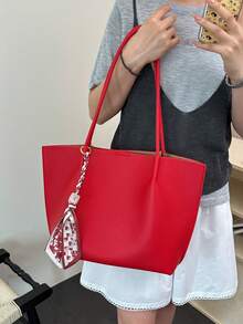 Dedoo 女款鵝卵紋理人造皮革大容量托特包，附圍巾飾飾品，韓系極簡風格校園後背包，適合大學校園與購物使用 - 紅色 - 查看 3