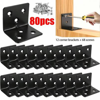 Juego de 80 piezas de soportes de esquina de metal negro resistente (12 soportes + 68 tornillos), con agujeros preperforados y bordes redondeados para un fácil ensamblaje, soportes en forma de L de 90 grados, adecuados para muebles de madera, marcos de cama, sillas y estanterías.