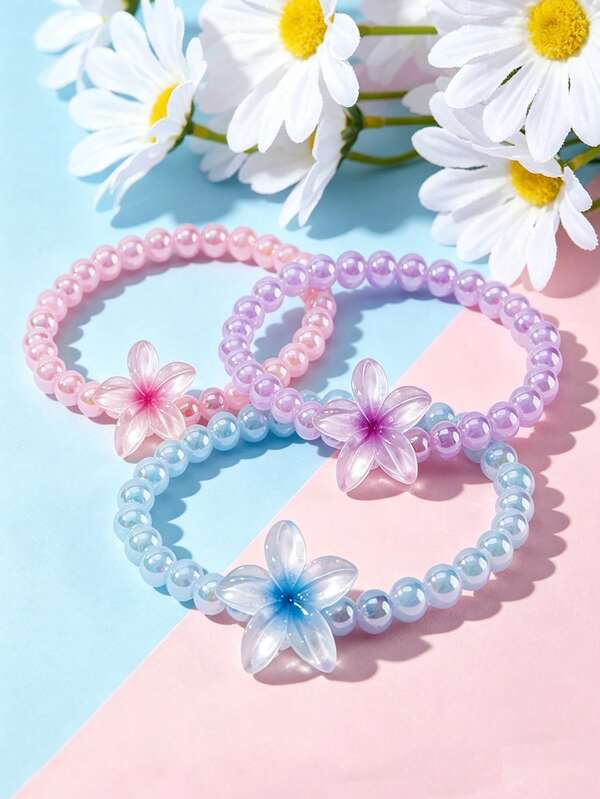 3pcs/Set Girls Cute Floral Beaded Bracelet Set, Suitable For Daily Wear, Holiday Party Gifts
