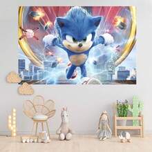 Authorized 1PC Healing Adventure Sonic Theme Birthday Party Decoration Backdrop (82.7x59.1/59.1x39.4/39.4x29.5 Inch), Suitable For Boys Girls Birthday Party Background, Children Newborn Cake Table Party Wall Decoration Banner, Outdoor Indoor Photography Photo Backdrop Props - Multicolor - View 2