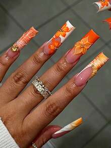 12pcs Rectangular Pink With Orange 3D Hibiscus And Shell Decor Gold Beads Shiny Full Coverage Fake Nails For Women And Girls, Includes Nail File - 彩色 - 查看 2
