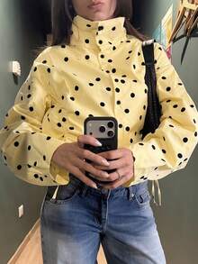 女款波點立領長袖襯衫，側面抽繩抓皺短版寬鬆休閒襯衫外套，黃色 - 黃色 - 查看 4