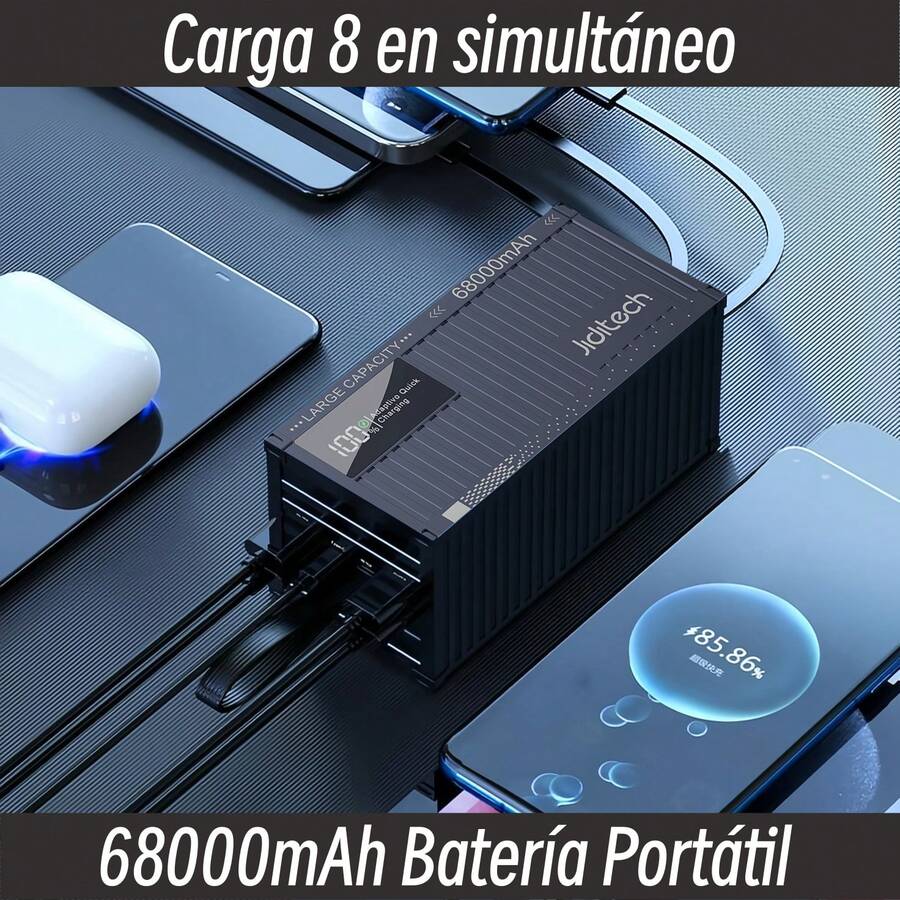 JIDITECH Batería Portátil 68000mAh con Carga Súper Rápida 22.5W, 4 Cables Incluidos, 6 Puertos de Entrada y Salida, Pantalla LED Digital Grande, Carga 8 en simultáneo - Power Bank Batería 68000mAh - negro - Ver 1