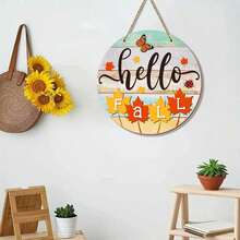 1 Stück "Hallo Herbst" rundes Holzschild, die perfekte Hängedekoration für Bauernhaus-, rustikale und Gartenumgebungen. Verziert mit Ahornblättern, Schmetterlingen und Marienkäfern, dient es wunderschön als zentraler Akzent für Kränze oder als eigenständiger Wandbehang - Mehrfarbig - Übersicht 4