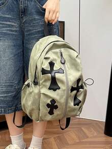 [Gothic Cross Backpack | 5 Colors Available . Dark Essential] Front Zipper + Side Drawstring Design, Practical And Stylish; Thick Breathable Back Padding + Adjustable Shoulder Straps, Comfortable To Wear Without Shoulder Pressure. Large Capacity, Perfect For Daily Commute, Short Trips, School, Shopping And Photo-Worthy Outfits! - Multicolor - View 2
