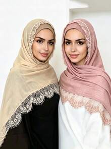 1pc Tie-Dye Textured Soft Breathable Natural Crinkle Eyelash Lace Trim Muslim Hijab Scarf - Multicolor - View 2