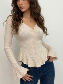 SanpChic Women's Autumn/Winter V-Neck Light Apricot Ruffle Hem Knit Cardigan, Slim Fit Flattering Flare Sleeve Crop Top, Versatile Inner Layer Suitable For Commuting, Dating, Outwear, Daily Wear, Photography, Gathering, Halloween Costume - Apricot - View 5