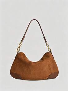 1pc Camel Color Suede Patchwork Shoulder Bag, Niche Design Underarm Bag, Round Pendant Handbag, Fashion Commute Vintage Texture Women's Bag, Daily Casual Clutch - Camel - View 8