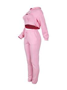 CALEBGAR Plus Size Casual Fleece Hooded Sweatshirt Vest & Drawstring Track Pants 3pc Set - Pink - View 5