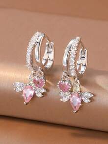 1 Pair Sweet Cool Pink Zirconia Heart Teardrop Wing Double Pendant Double Layer Earrings, Suitable For Women's Spring Date And Daily Wear - Wing - View 7