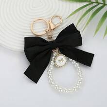 1pc Satin Bow Pearl Keychain, Exquisite Round Rhinestone Pendant Bag Charm, Elegant Handbag Accessory, Women's Style - Multicolor - View 5