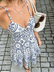 Women's Bohemian Style White & Blue Faux Embroidery Mini Dress, A-Line Flared Hem Casual Spaghetti Strap Sleeveless Dress, Pleated Woven Fabric, Cute Summer Outfit - Blue - View 2