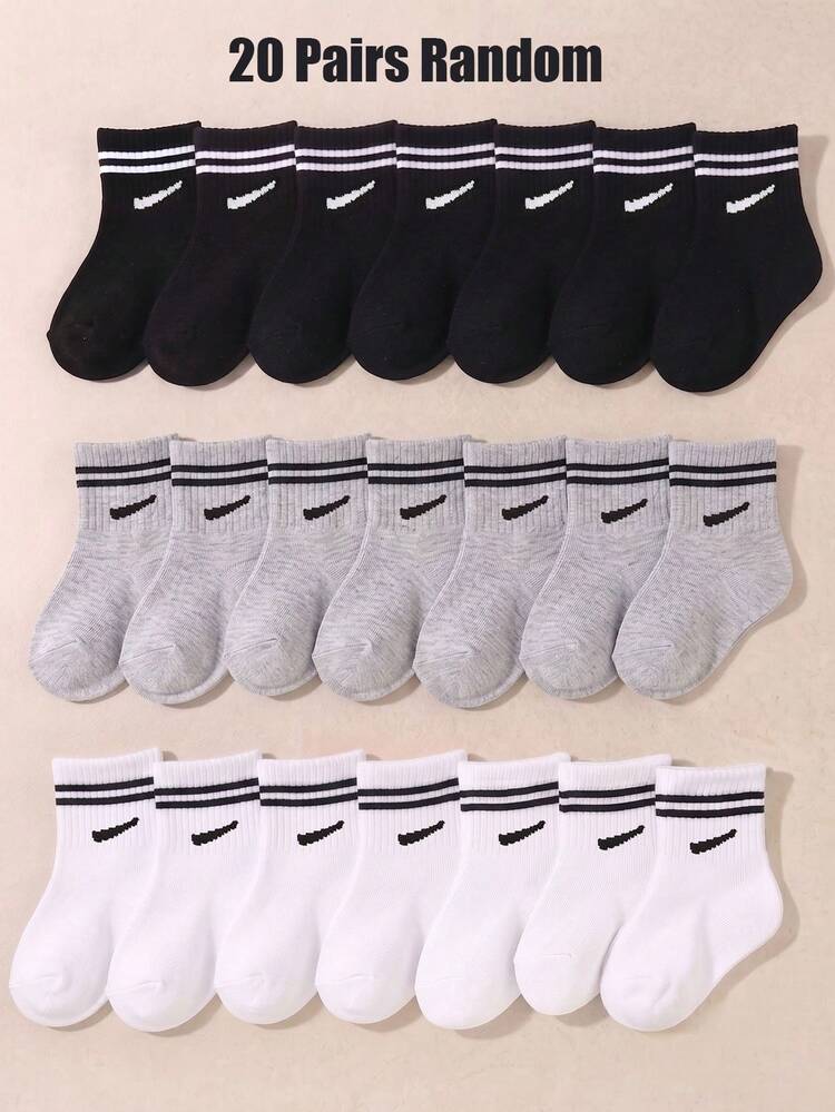 5/10/20 Pairs Random Black White Gray Crew Socks, Double Striped Cuff And Checkmark Pattern, Toddler Socks, Baby Essentials Newborn, Baby Stuff - Multicolor - View 11