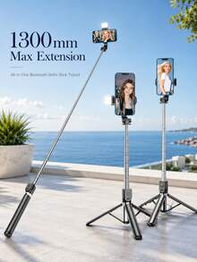 Trípode selfie extensible todo en uno con control remoto Bluetooth, rotación de 360° + cambio de pantalla horizontal/vertical, plegable y ligero, adecuado para viajes, transmisión en vivo, fotos grupales, opcional con luz de relleno o sin luz de relleno - Unitalla - Ver 2
