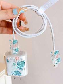 4pcs Ocean Element Charger Protective Covers, Compatible With IPhone 15 Data Cable, Summer Pattern Apple 20W Charger Protective Covers, Anti-Breakage, Anti-Scratch, Solves Cable Breakage And Scratch Issues, Suitable For Gifts And Personal Use - Coconut Turtle - View 1