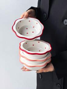1pc Wavy Ruffled Edge Red Heart Ceramic Small Bowl, Pink Dual-Tone Rim Dessert Bowl, Home Sauce Bowl, Fruit Bowl, Breakfast Yogurt Bowl - Multicolor - View 5