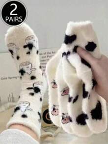 1/2/4/10 Pairs Cute Cow Pattern Plush Socks, Thickened Warm Coral Fleece Socks, Soft And Comfortable - Multicolor - View 6