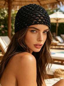 1pc Vintage Hollow Out Knitted Beanie, Pearl Pendant Headscarf, Vacation Style Mesh Cap, Boho Chic - Multicolor - View 1