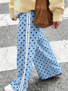 Women's Polka Dot Pattern Side Stripe Wide Leg Loose Casual Long Pants - Baby Blue - View 4