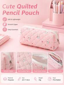 1pc Macaron Color Argyle Pattern Cartoon Rabbit Pencil Case, Sweet Floral Rabbit Stationery Storage Bag, Zipper Portable Soft Fabric Pencil Pouch, Suitable For Teenagers Classroom Daily Storage, Perfect Gift For Students, Multi-Functional Storage Bag, Back To School Essential - Cartoon Animal Pencil Case - View 2