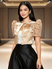 1件現代菲律賓風蝴蝶袖上衣，女款鈕扣短袖開襟襯衫，適合節慶、婚禮與辦公室穿著 - 香檳色 - 查看 4