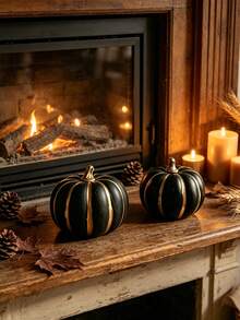6pcs/3pcs Black Gold Pumpkin Decor, Artificial Pumpkins For Halloween Decorations, Fall Harvest Pumpkin Decorations, For Halloween Party Decorations, Mantel Shelf Table Centerpiece Home Decor - Black and Gold Faux Pumpkin - View 7