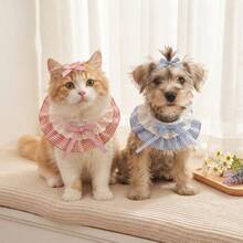 1 Set Plaid Ruffle Lace Adjustable Pet Bib With Matching Bow Accessory, Sweet Cute Pet Collar And Bow Hair Clip Set, Adjustable Tie Drool Bib, Suitable For Cats And Dogs Daily Wear, Party, Photography Outfit Pet Clothing Accessories - Multicolor - View 1