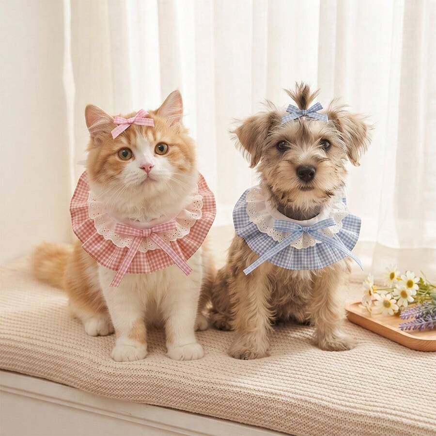 1 Set Plaid Ruffle Lace Adjustable Pet Bib With Matching Bow Accessory, Sweet Cute Pet Collar And Bow Hair Clip Set, Adjustable Tie Drool Bib, Suitable For Cats And Dogs Daily Wear, Party, Photography Outfit Pet Clothing Accessories - Multicolor - View 1