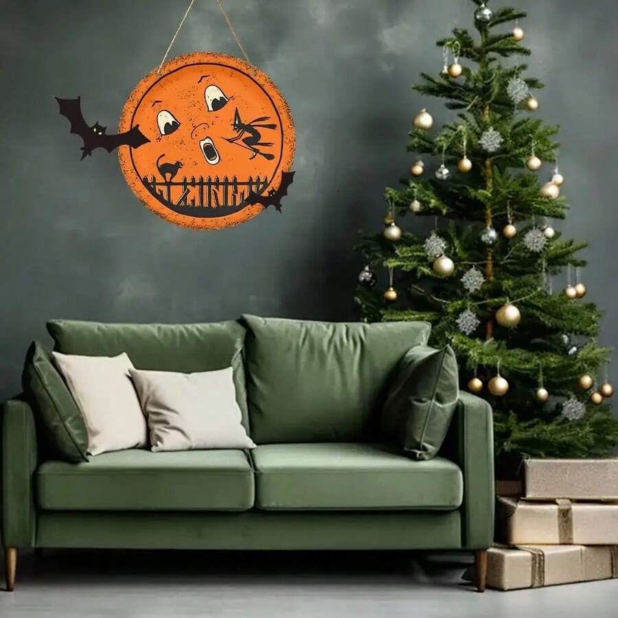 Vintage Halloween Moon And Black Cat Round Wooden Sign - Rustic Style Orange Wall Art With Witch And Cat Silhouette - View 1