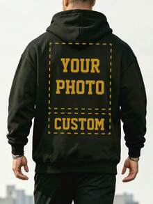Men Personalized Double Sided Print Hoodie Upload Custom Picture Text Logo Oversized Fleece Pullover Casual Long Sleeve Sweatshirt Gift For Him - Black - View 3