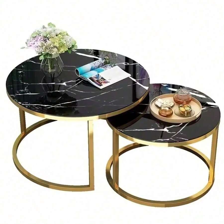 2pcs Coffee Table Set, Round Nesting Coffee Table Set, Side Tables For Living Room, Bedroom, Balcony - Black - View 1