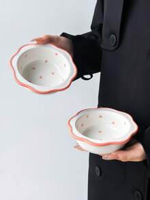 1pc Wavy Ruffled Edge Red Heart Ceramic Small Bowl, Pink Dual-Tone Rim Dessert Bowl, Home Sauce Bowl, Fruit Bowl, Breakfast Yogurt Bowl - Multicolor - View 15