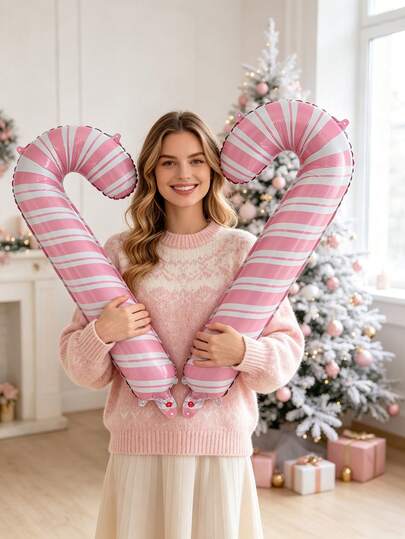2pcs Large 32 Inch Pink Christmas Candy Cane Foil Balloons, Suitable For Wedding, Birthday, Christmas Theme Party, Indoor Room Decoration