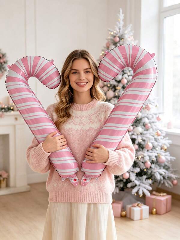 2pcs Large 32 Inch Pink Christmas Candy Cane Foil Balloons, Suitable For Wedding, Birthday, Christmas Theme Party, Indoor Room Decoration