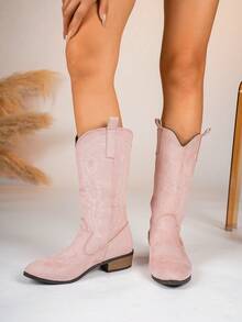 Women's All-Season Fashion Embroidered Velvet Western Boots, Pointed Toe Chunky Heel Mid-Calf Boots, Cool Fashion Boots Low Chunky Heel Punk Style Chelsea Boots Outdoor Casual Fashion Boots - Pink - View 5