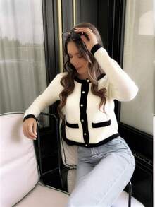 Plus Size Women's Autumn/Winter New White Y2K Color Block Round Neck Long Sleeve Knit Cardigan, Casual Daily Outerwear Fall - Black and White - View 6