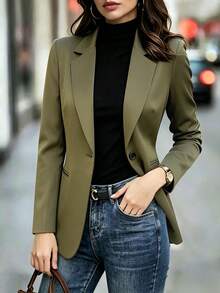 Women's Olive Green Blazer, Collared Long Sleeve Button Jacket For Daily, Casual, Office, Commute, Spring Fall Winter Wardrobe Essential - Army Green - View 7