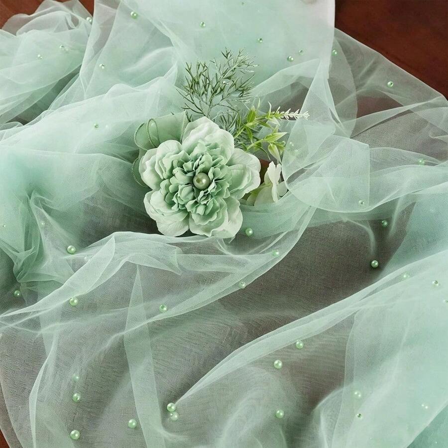Premium Hand-Stitched Pearl Mesh Table Runner Mint Green Sheer Tulle Tablecloth Overlay For Outdoor Wedding Baby Shower Birthday Tea Party Home Decor - Mint Green - View 1