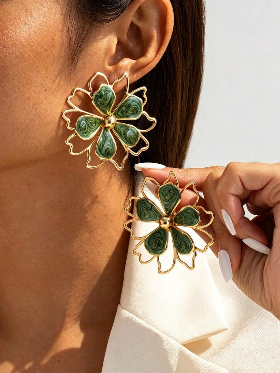 1 Pair Personalized Vacation Style Hollow Double Layer Green Oil Drop ...