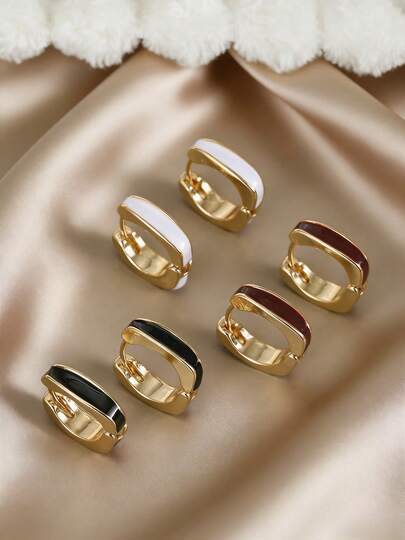 6pcs Gold Frame Colorblock Square Small Hoop Earrings, Vintage Versatile Jewelry, Daily Date Small Gift