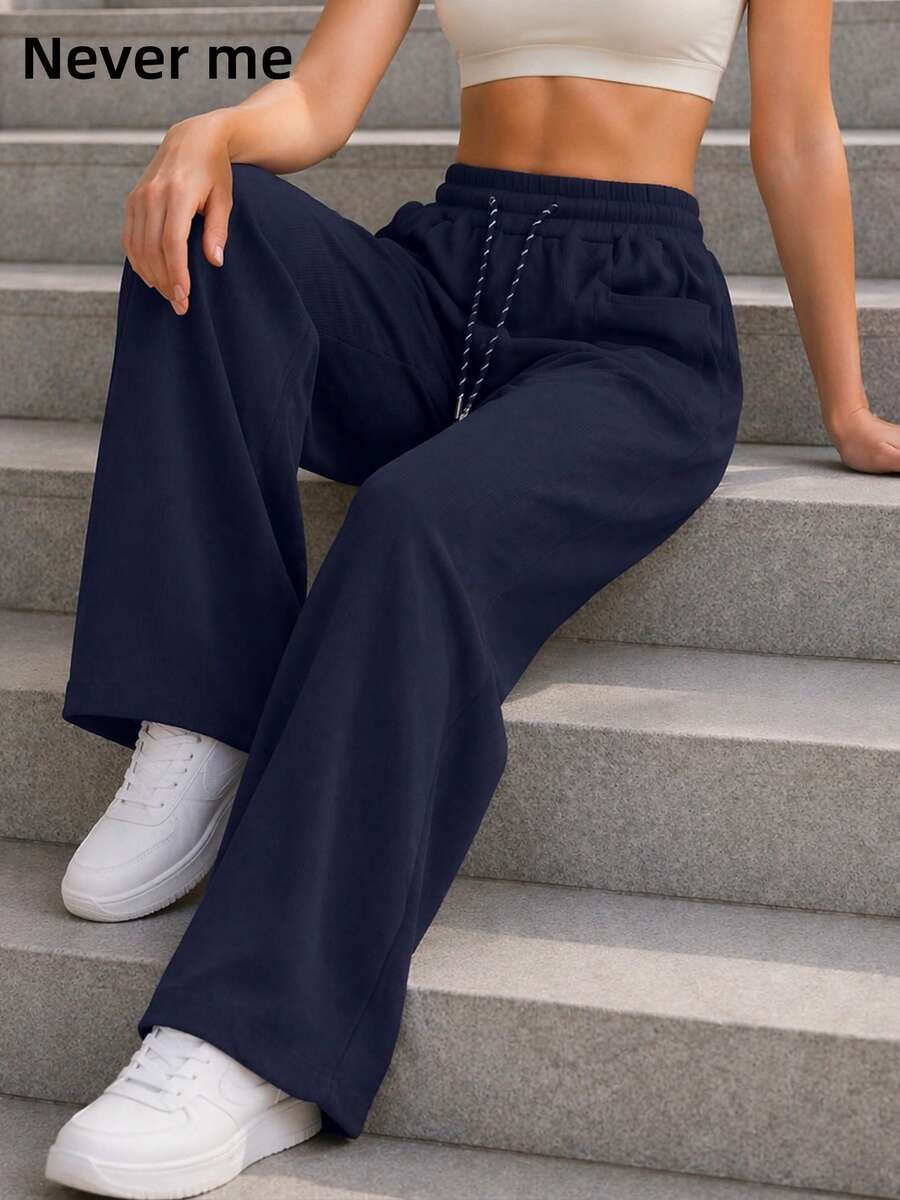 Never me Women's Loose Casual Sports Long Pants With Side Pockets And Drawstring Waist, Straight Leg Daily Fitness Pants - Navy Blue - View 1