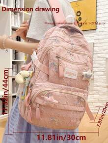 Student Backpack, Bow Embroidery Pattern Soft Quilted Fabric With Pendant, Multiple Pockets Adjustable Shoulder Straps, Cute Japanese Style, Suitable For Teenage Girls Daily Use In All Seasons - Multicolor - View 13