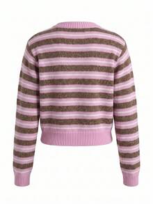 Women's Pink Striped Button-Front Long Sleeve Cardigan - Pink - View 10