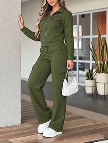 女款秋冬修身通勤純色兩件套，多功能實用套裝 - 軍綠色 - 查看 6
