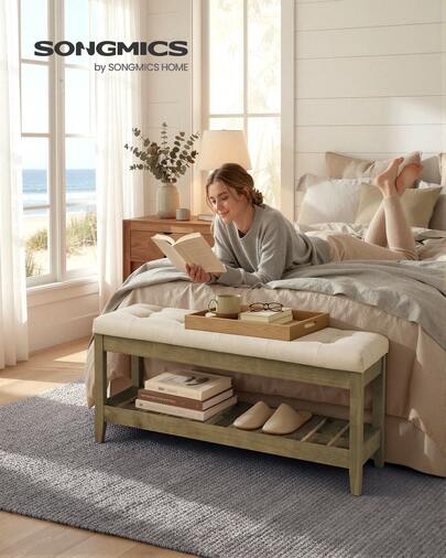 SONGMICS Entryway Storage Bench With Solid Wood Frame, Console Table With Storage, Sofa Table, Ottoman With Tufted Cushion, For Living Room, 15.7 X 42.9 X 17.7 Inches